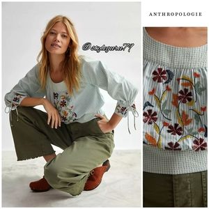 NWT, Anthropologie, Beaded Striped  Puff-Sleeved Long Sleeve Blouse